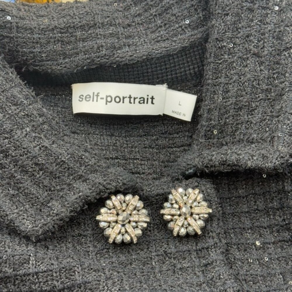 🆕 SELF PORTRAIT 🧿 NWOT Black Textured Peplum Knit Jacket - Sz Large - Picture 13 of 16